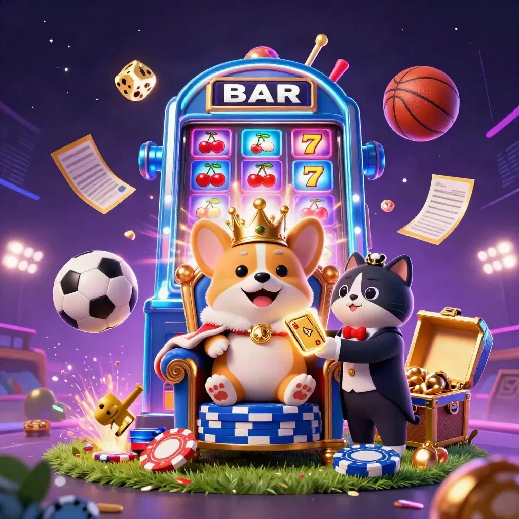 Royal corgi and cat butler amid exploding slot symbols, sports balls, gold, and neon casino light.