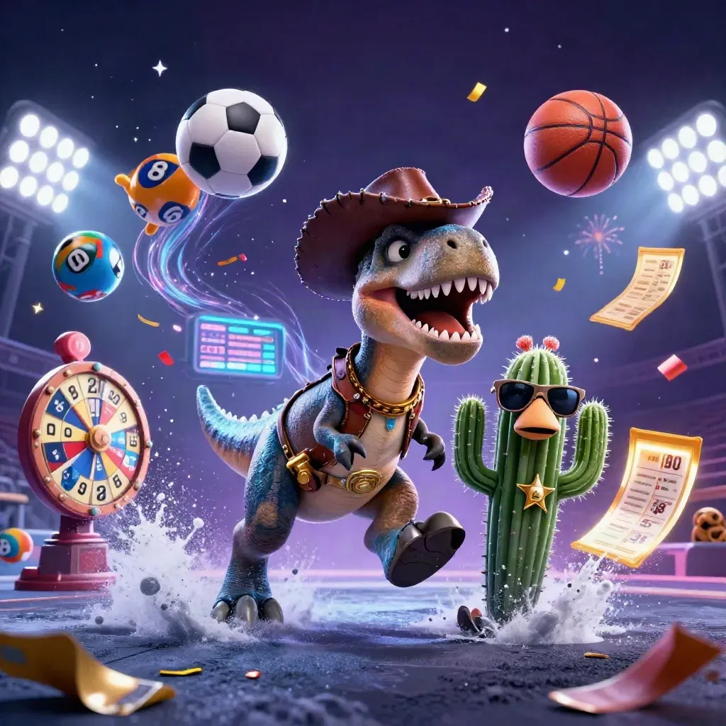 Cartoon cowboy T-Rex, cactus and roadrunner amid casino balls, wheel, tickets and cyan sparks.