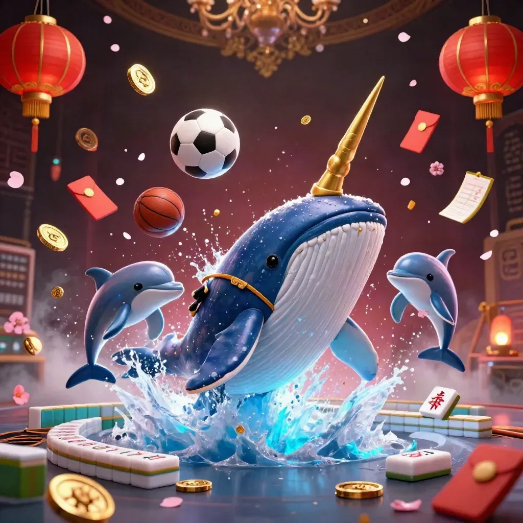 Cartoon whale, narwhal and dolphins burst through coins with sports balls in icy neon casino glow.