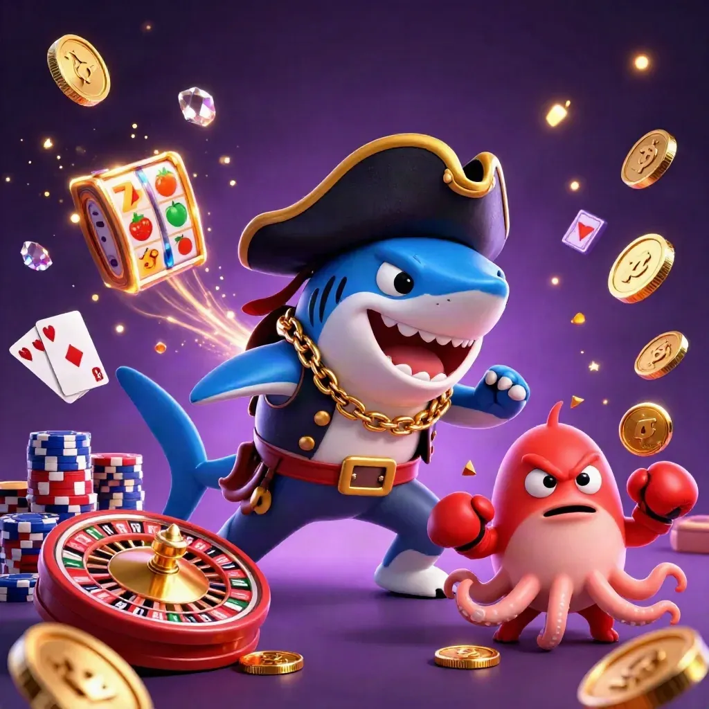 Pirate shark, boxing pufferfish, and juggling octopus amid casino coins and gems