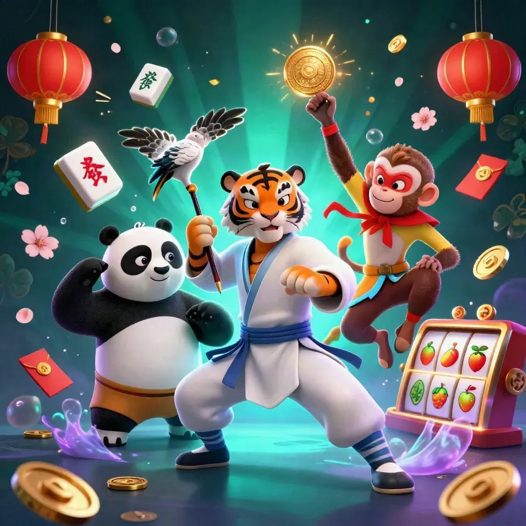 Kung-fu tiger, panda, and monkey amid neon cyan casino treasure and jade coin bursts.