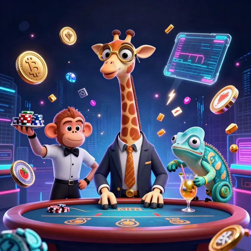 Giraffe high-roller, monkey valet, and chameleon bartender amid icy casino treasure bursts and neon light.