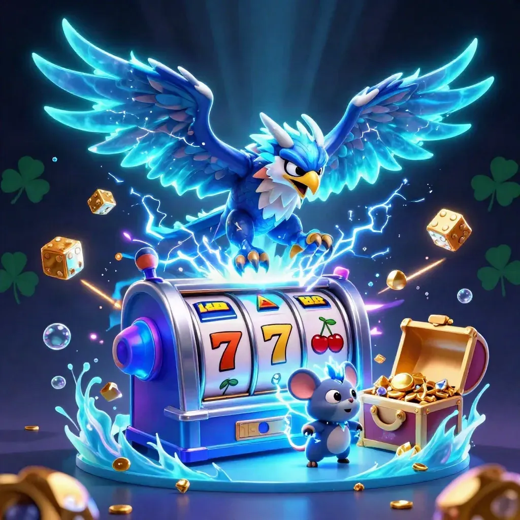 Thunder dragon, wind hawk, and static mouse burst from a neon slot machine in icy casino glow.