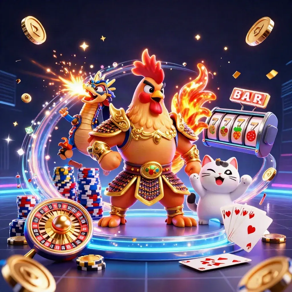 Rooster samurai, dragon hatchling and fortune cat amid coins, chips, reels and fireworks.