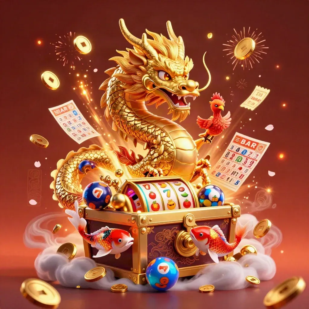 Golden dragon, phoenix, koi, and casino symbols burst from a treasure chest in fiery neon light.
