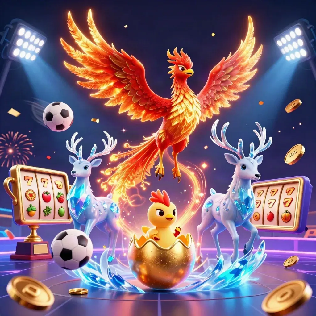 Phoenix trio amid coins, balls, fireworks, and icy casino glow on a dark neon grid.