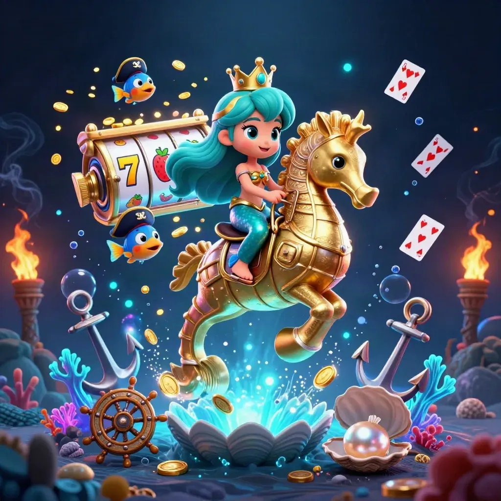 Turquoise mermaid princess on armored seahorse amid pirate fish, coins, coral, reels, and cyan loot glow.