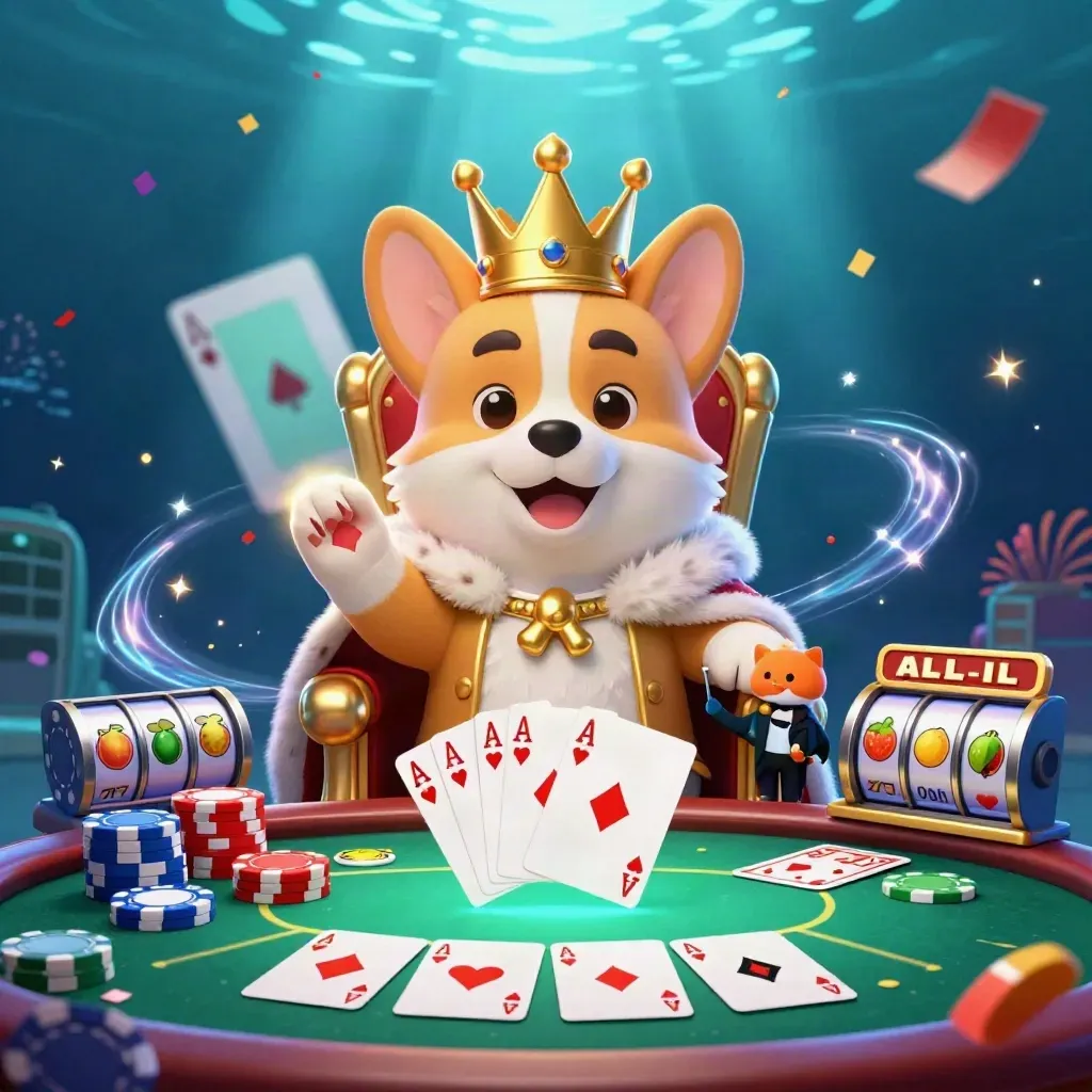 Royal corgi and cat butler on chip throne amid icy casino loot, cyan sparks, and flying slot symbols