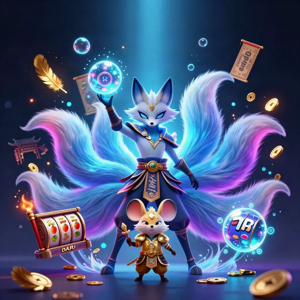 Fox spirit and samurai mouse amid coins, reels, temple gate, and neon casino effects.