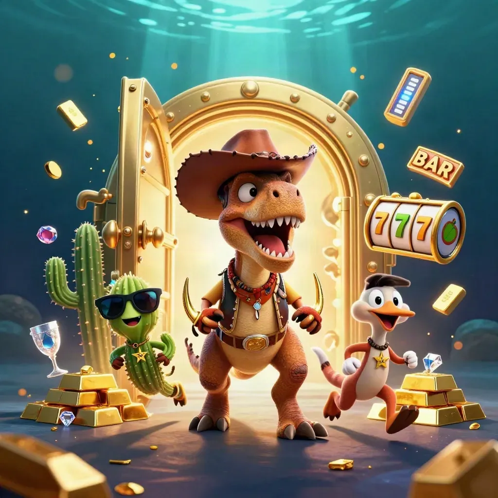 Cowboy T-Rex, cactus sidekick, and sheriff roadrunner burst from a golden vault in icy neon slot glow